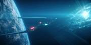 the starship discovery hovering next to a planet in front of a huge bright anomaly